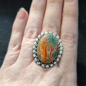Silver Plate Orange Spiny Oyster Turquoise Gemstone Statement Ring - size 6-9
